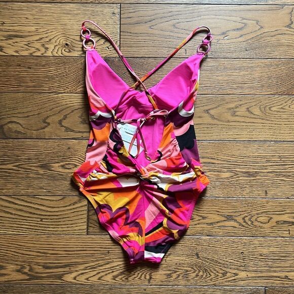 NWT WOMEN'S FAN FAIRE TWIST BACK HALTER PLUNGE ONE PIECE SWIMSUIT - Picture 12 of 14